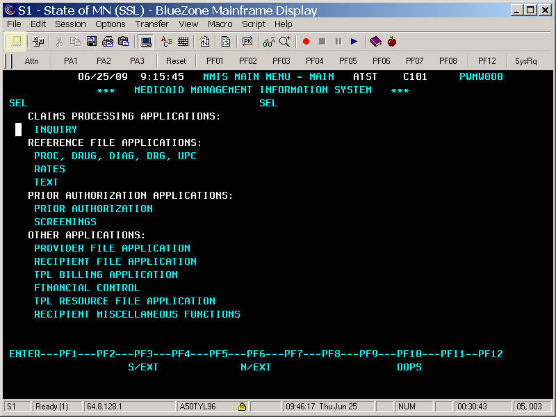 MMIS MAIN MENU panel with toolbars displayed at top.